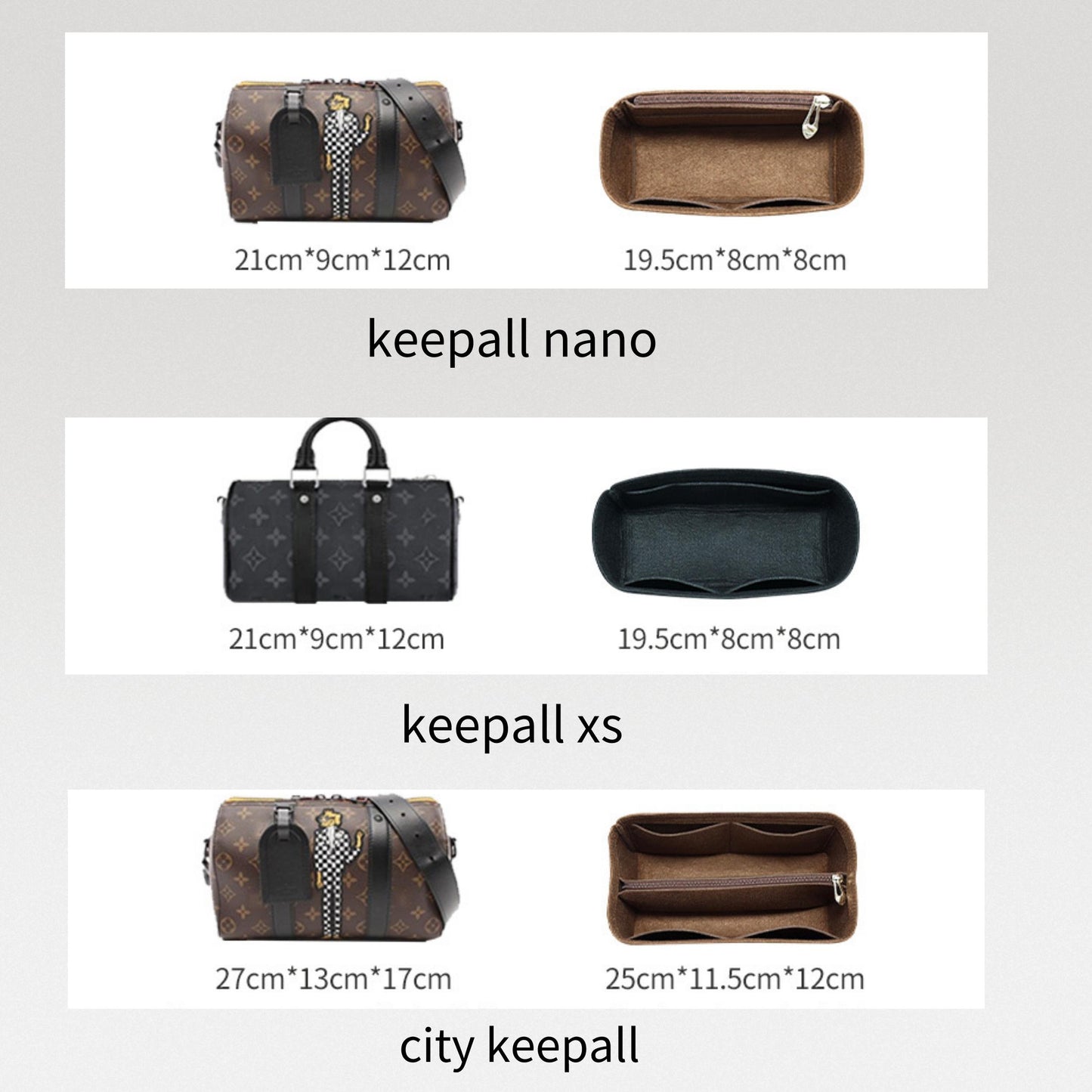 Bag Organizer For city keepall XS nano travel bag. Bag Insert For Classical Bag.
