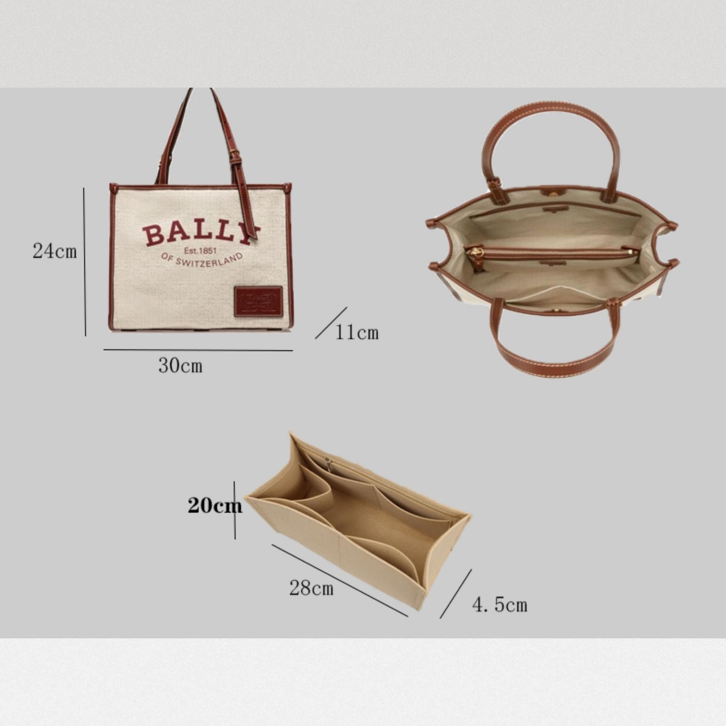 Bag Organizer For BALLY Canvas Tote Bag. Bag Insert For Shopping Bag.