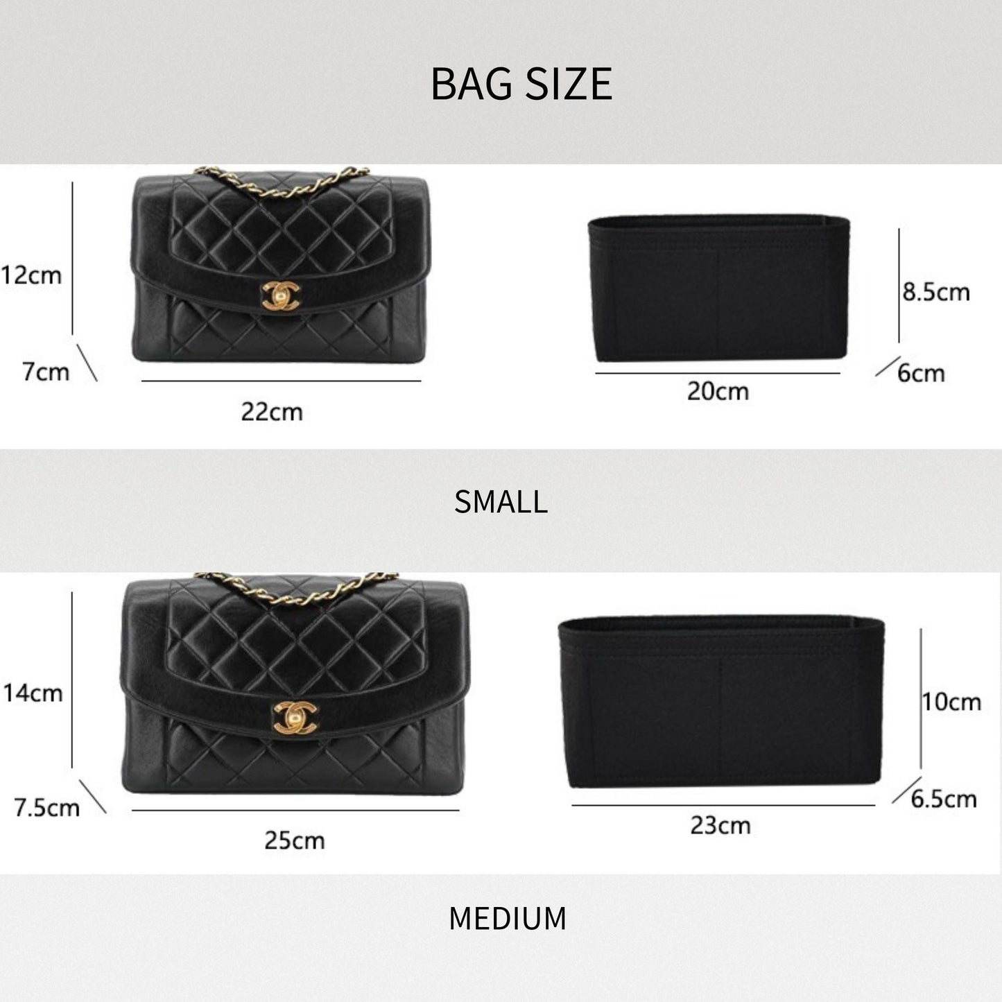 Bag Organizer For Black Quilted Lambskin Diana Flap Small Medium. Bag Insert For Classical Bag.