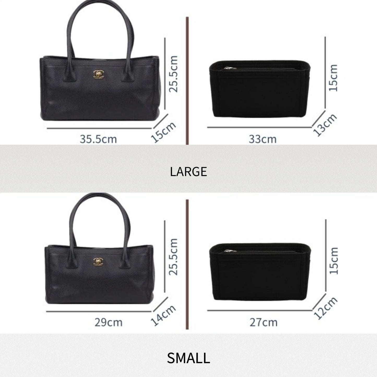 Bag Organizer For Calfskin Small Cerf Executive Shopper Tote Black. Bag Insert For Classical Bag.