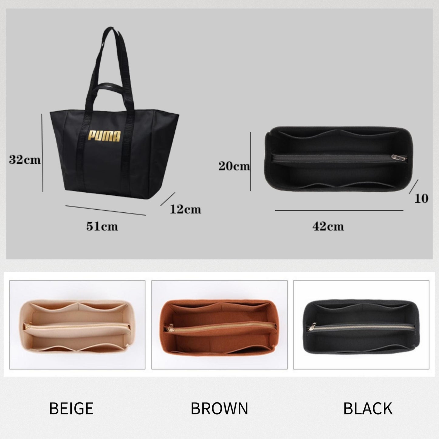 Bag Organizer For Puma Black Solid Tote Bag. Bag Insert For Classical Handbag Bag.